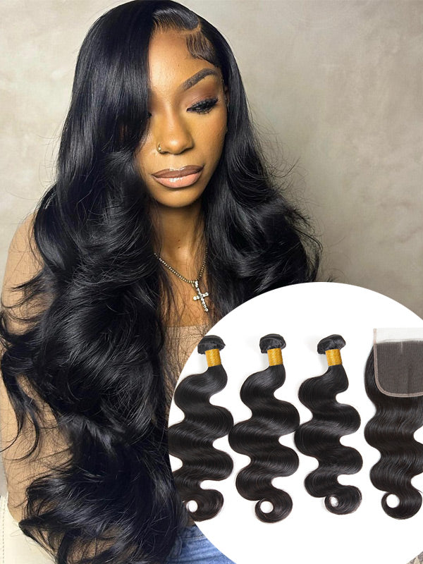 WigCool Body Wave 5x5 Swiss HD Lace Closure With 3Pcs Bundles Natural Black  Human Hair