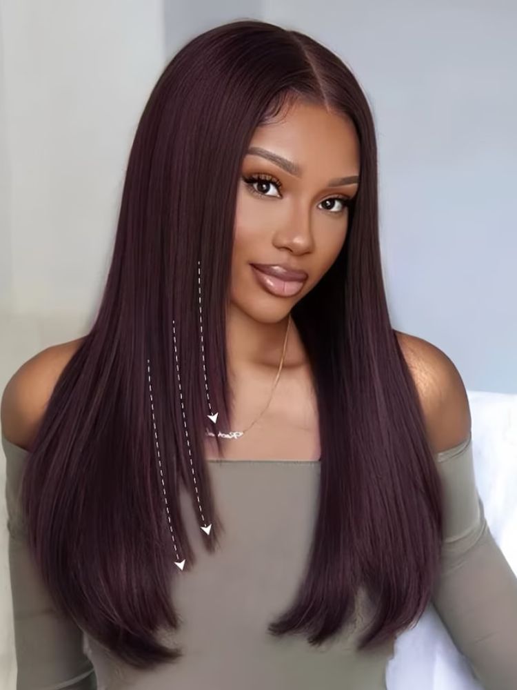 WigCool Cherry Dark Layered Straight Wigs Butterfly Haircut Lace Frontal  Wigs