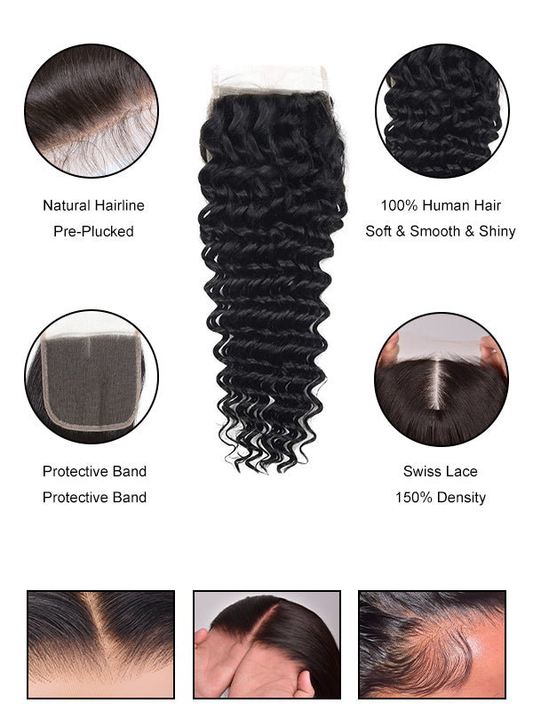 WigCool Deep Wave 5x5 Swiss HD Lace Closure With 3Pcs Bundles Natural Black Human Hair