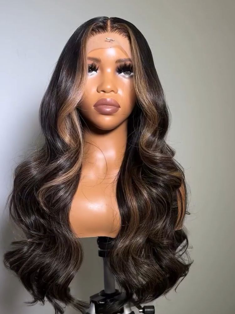 Money Piece Mix Brown Glueless Body Wave Human Hair Clear HD Lace Front Colored Wigs