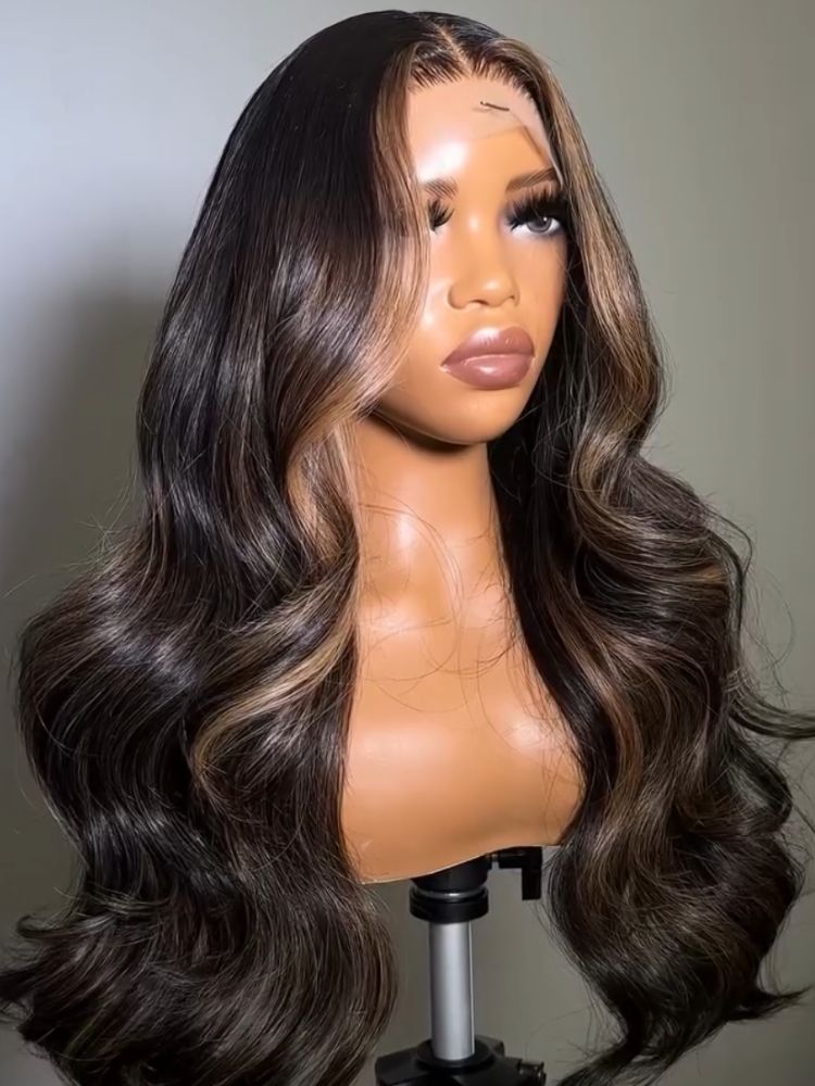 Money Piece Mix Brown Glueless Body Wave Human Hair Clear HD Lace Front Colored Wigs