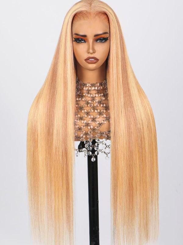 P10/613 Glueless Straight  13x4 Swiss HD Lace Front Wigs Human Hair Blonde and Light Brown Highlight Lace Front Wig Human Hair