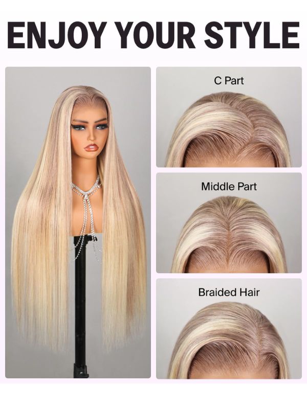 P10/613 Glueless Straight  13x4 Swiss HD Lace Front Wigs Human Hair Blonde and Light Brown Highlight Lace Front Wig Human Hair