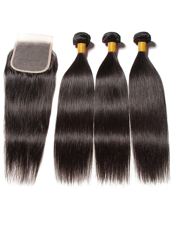 WigCool Straight Hair 5x5 Swiss HD Lace Closure With 3Pcs Bundles Natural Black  Human Hair