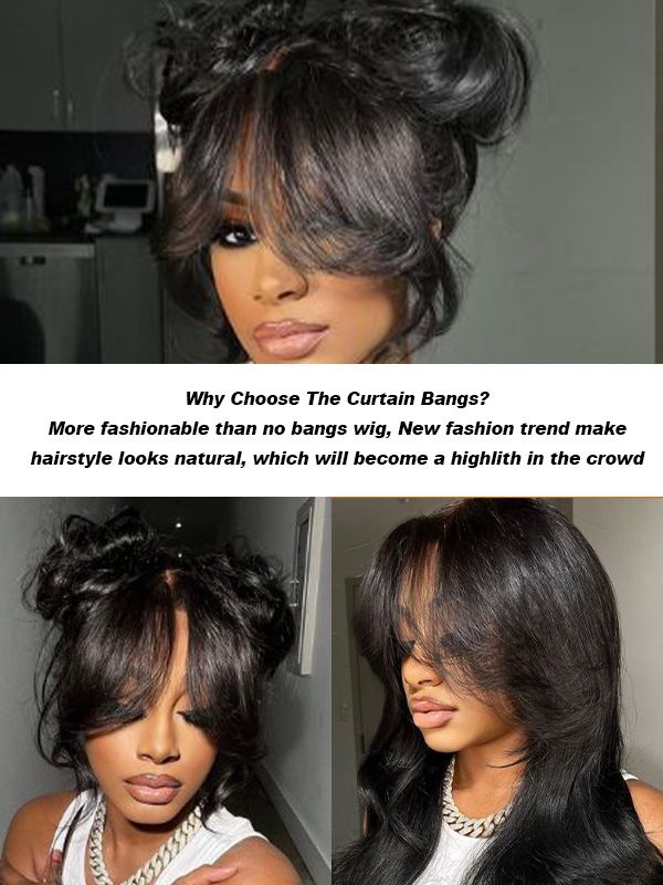 Wigcool Curtain Bangs Glueless Swiss HD Lace Wigs 3D Body Wave Wigs Chic Retro Single Knots Human Hair Wigs