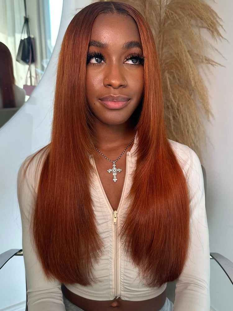 WigCool Burnt Orange Straight 9x6 Pre Cut/ 13x6 HD Lace Front Straight Butterfly Haircut Ginger Wig Layered Hair