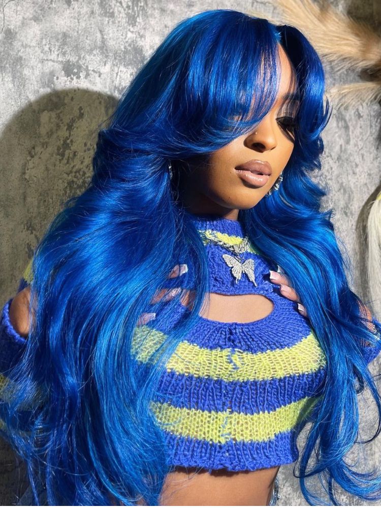 Wigcool Curtain Bangs Blue Body Wave Wig Pre Plucked Glueless Swiss HD Lace Human Hair Wigs