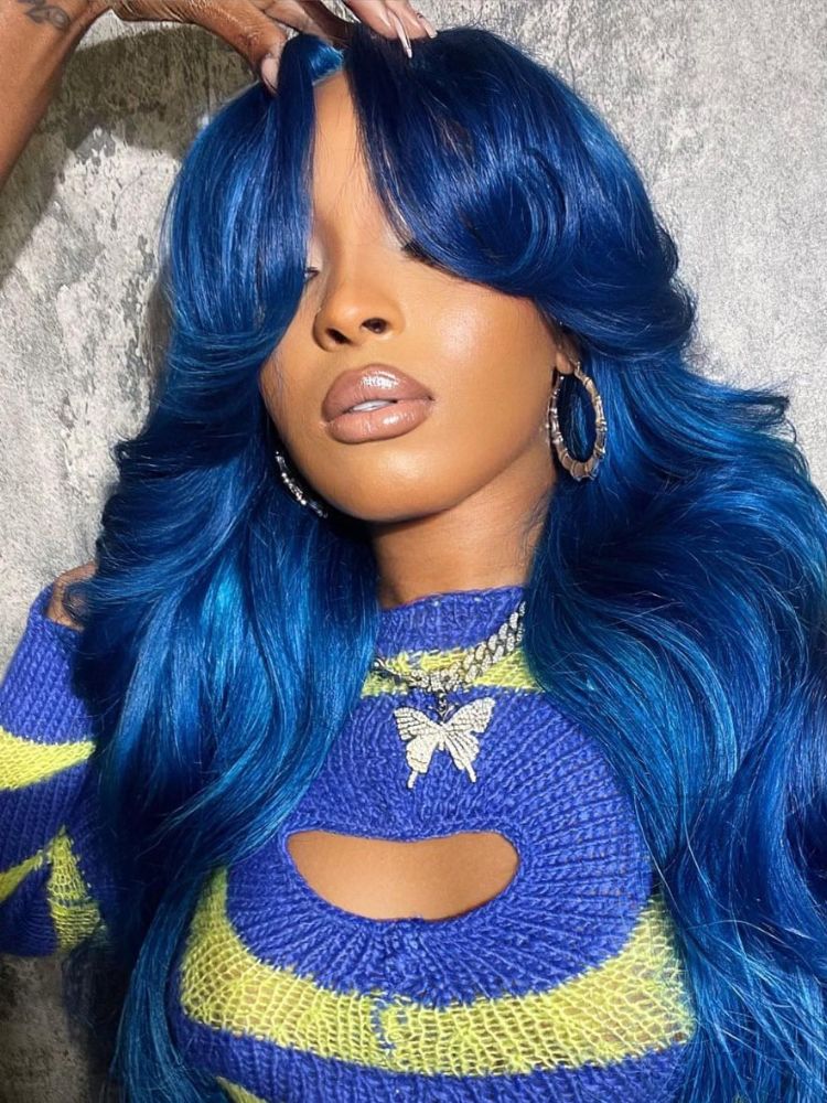 Wigcool Curtain Bangs Blue Body Wave Wig Pre Plucked Glueless Swiss HD Lace Human Hair Wigs