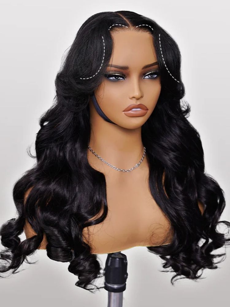 Wigcool Curtain Bangs Glueless Swiss HD Lace Wigs 3D Body Wave Wigs Chic Retro Single Knots Human Hair Wigs