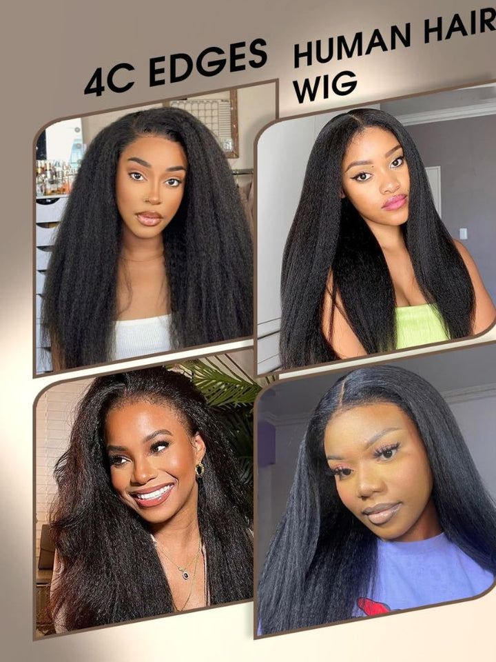 Natural 4C Edges Kinky Straight 13x4 Transparent Lace Front Wig With 4C Hairline Kinky Edges