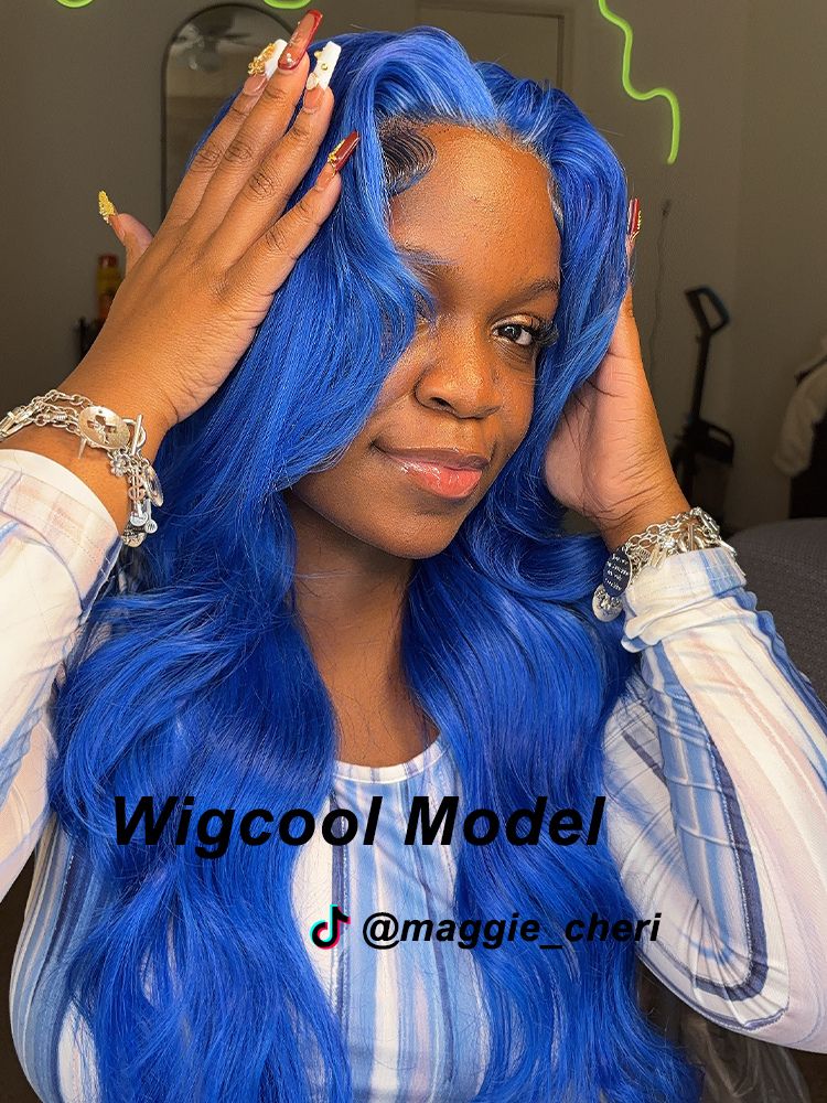 Wigcool Curtain Bangs Blue Body Wave Wig Pre Plucked Glueless Swiss HD Lace Human Hair Wigs