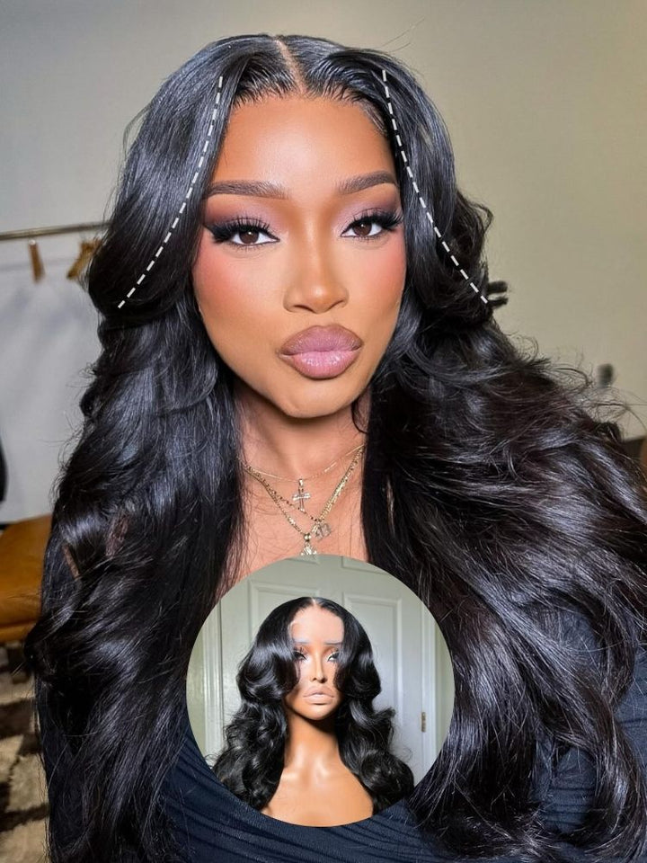 Wigcool Curtain Bangs Glueless Swiss HD Lace Wigs 3D Body Wave Wigs Chic Retro Single Knots Human Hair Wigs