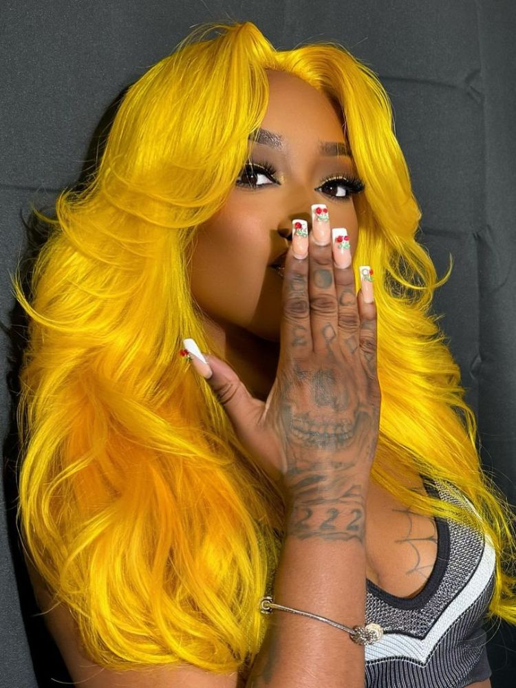 Wigcool Curtain Bangs Yellow Body Wave Wig Pre Plucked Glueless Swiss HD Lace Human Hair Wigs