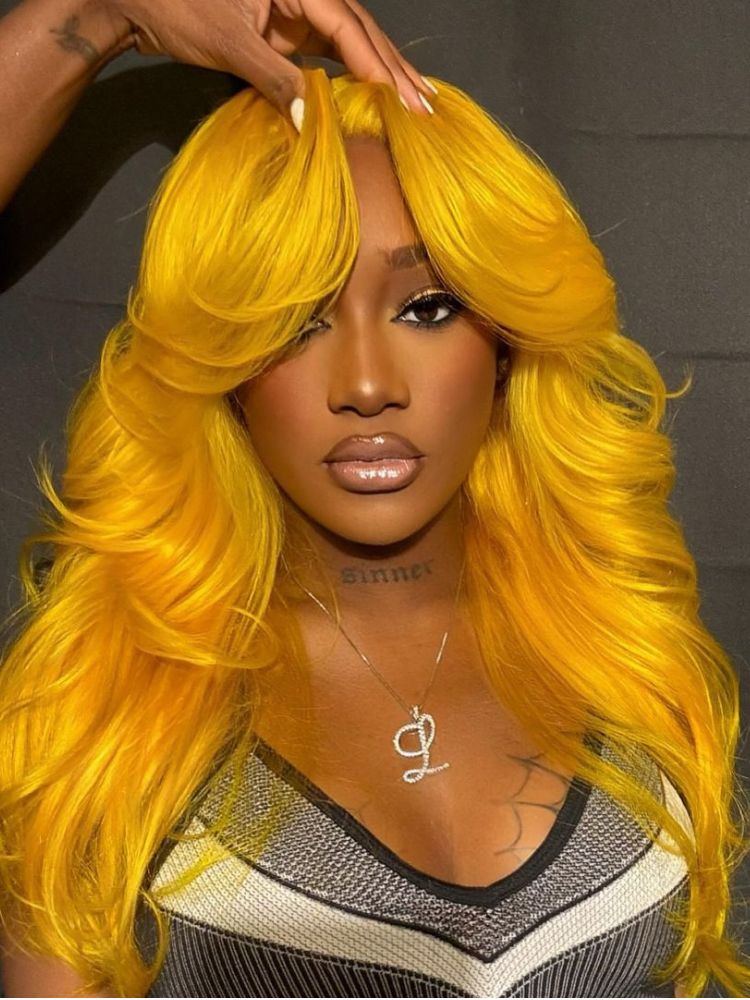 Wigcool Curtain Bangs Yellow Body Wave Wig Pre Plucked Glueless Swiss HD Lace Human Hair Wigs